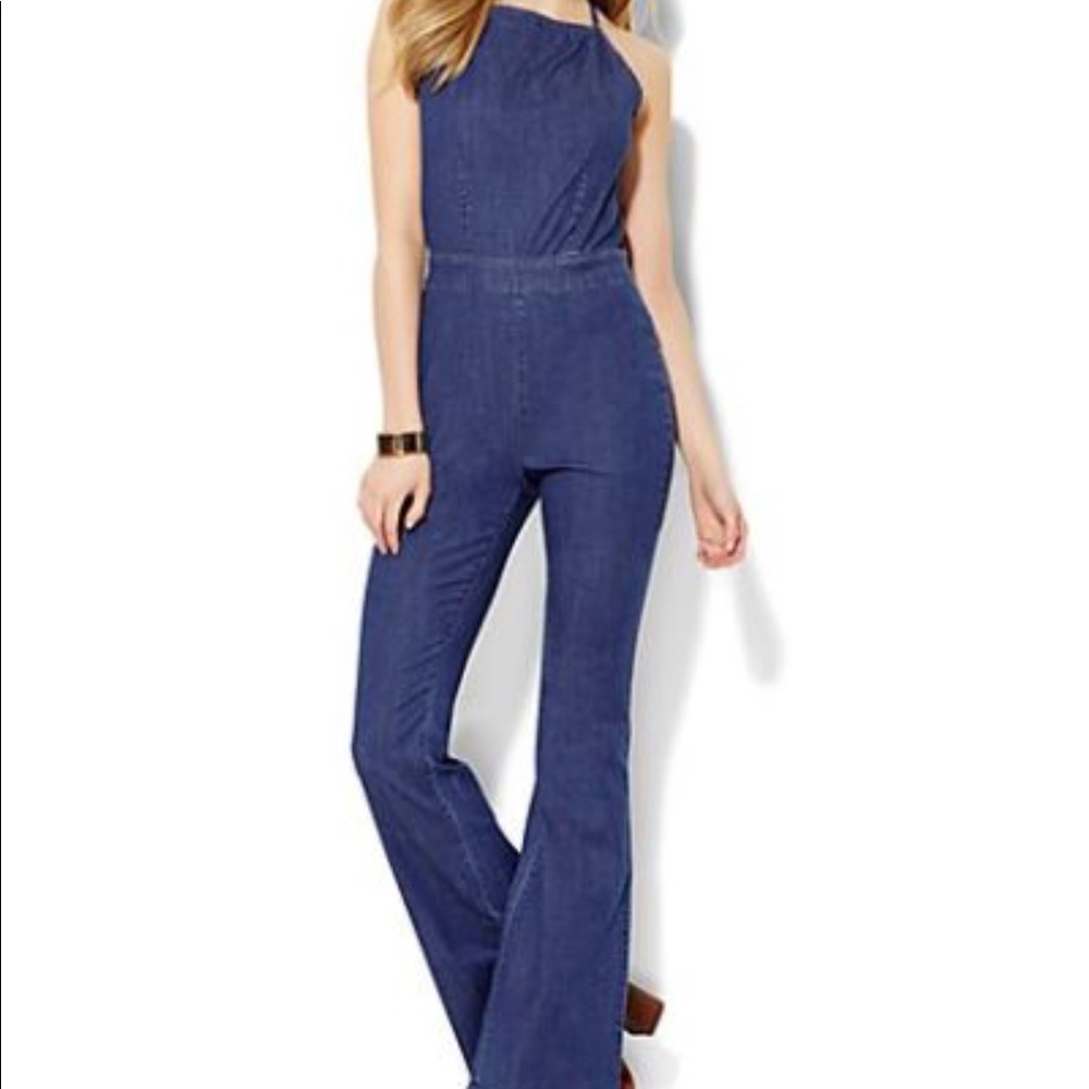 New York & Company Wide Leg Denim Halter Jumpsuit